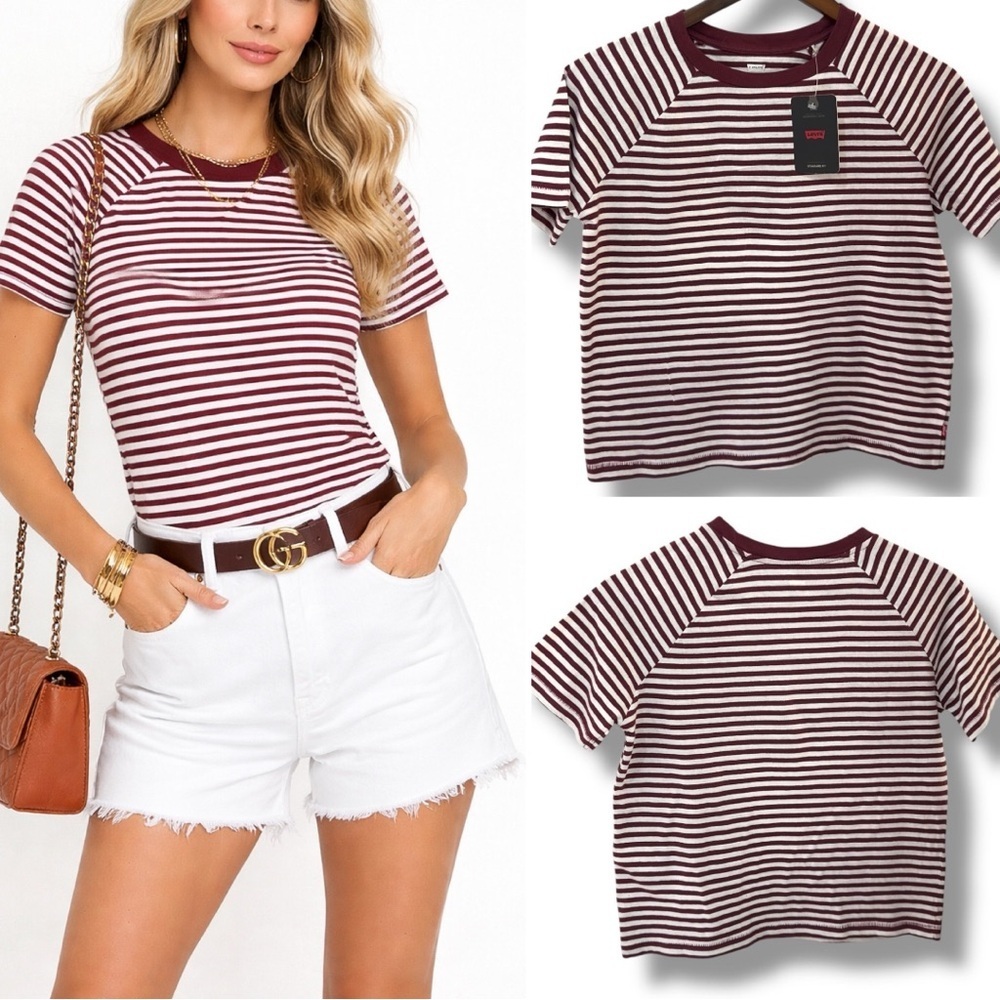 Levi's | NWT Bangladesh Burgundy White Striped Short-Sleeve Crewneck Tee (sz XS)